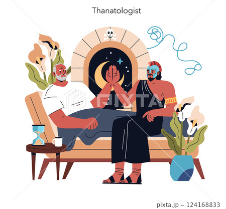 Thanatologist illustration. Focus on the dialogue between two figures, exploring themes of mortality and acceptance. The setting combines comfort and contemplation, fostering an engaging conversation 124168833