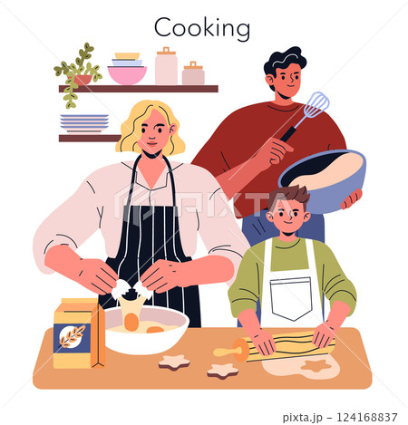 Cooking scene featuring a family participating in meal preparation together. A woman cracks eggs, a man mixes in a bowl, and a child rolls dough. Represents collaboration and joy in cooking. Vector 124168837