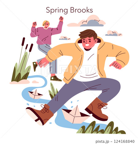 Spring Equinox Day illustration. Celebrating the arrival of spring, two people joyfully play by a brook, surrounded by nature. The scene evokes a sense of warmth and renewal with playful energy. Spring Equinox Day illustration. Celebrating the arrival of spring, two people joyfully play by a brook, surrounded by nature. The scene evokes a sense of warmth and renewal with playful energy. 124168840