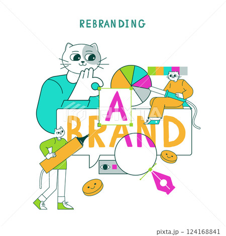 Business cat working on rebranding strategies through creative collaboration. Engaging activities include presentations, graphics, and innovative designs for brand development. Vector illustration. 124168841