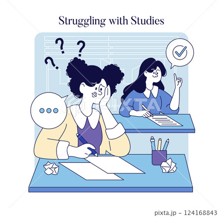 Illustration of students experiencing different levels of academic stress. One student appears frustrated while another looks confident and engaged. This imagery highlights challenges in learning and 124168843