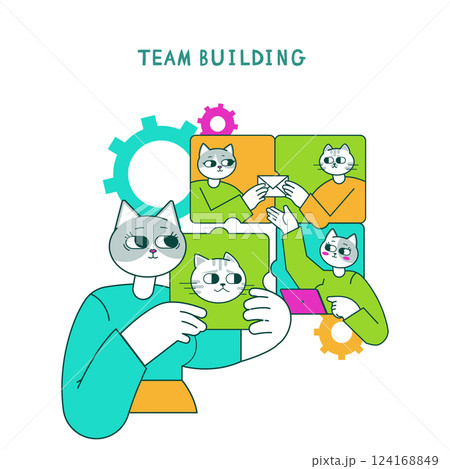 Business Cat concept. Illustration centered around team building with playful cat characters engaging in teamwork activities. Highlights collaboration, communication, and creative problem-solving 124168849