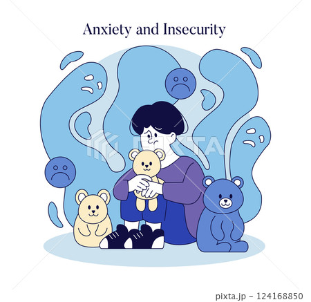 Illustration captures a child surrounded by stuffed animals, conveying feelings of anxiety and insecurity. The character's expression highlights the emotional struggle, set against a backdrop of 124168850