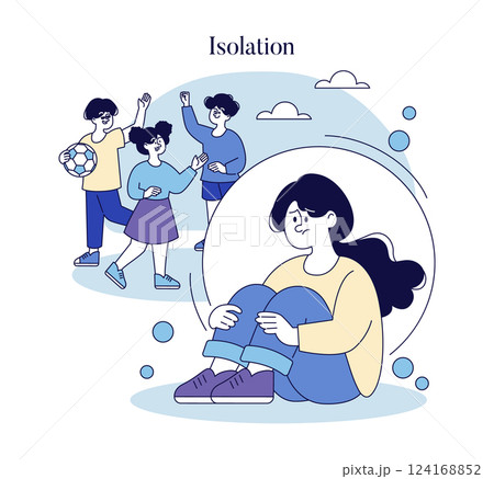 This illustration explores the theme of isolation within a social context. It depicts a child in distress while peers play nearby, emphasizing feelings of loneliness and exclusion in childhood. Vector 124168852