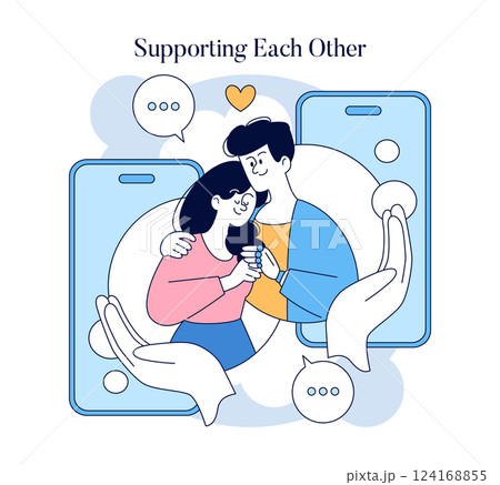 Long Distance Love concept. The emotional connection between individuals separated by distance, supported through technology and communication. The illustration conveys the warmth and support shared 124168855