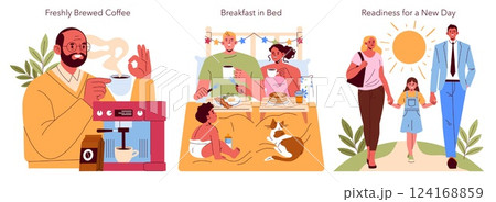 Family breakfast moments captured in three engaging scenes: enjoying freshly brewed coffee, sharing a cozy breakfast in bed, and embracing a new day's readiness together. Family bonds and joyful 124168859