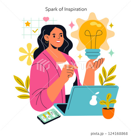 Inspiration drives creativity in the modern workspace. A woman with a laptop, offering ideas symbolized by a light bulb and flourishing plants reflects innovation and motivation in work. 124168868
