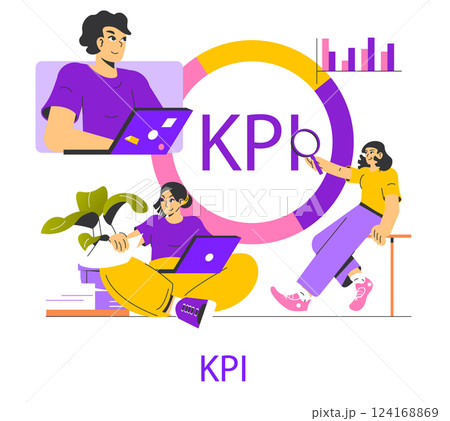 KPI concept emphasizes the importance of goal achievement and performance tracking in a professional setting. The illustration depicts individuals engaged in collaborative work and analysis. Vector 124168869