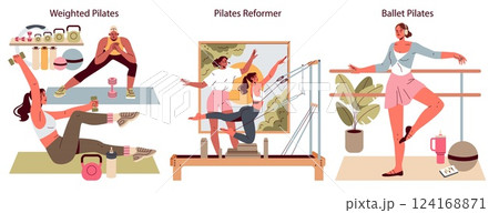 Pilates illustration series showcasing three styles: weighted Pilates for strength, the Pilates reformer for resistance training, and ballet Pilates for flexibility and grace. Each style enhances Pilates illustration series showcasing three styles: weighted Pilates for strength, the Pilates reformer for resistance training, and ballet Pilates for flexibility and grace. Each style enhances 124168871