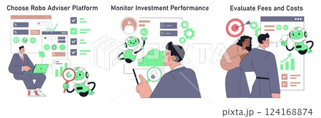 Robot adviser assists in investment management tasks. It navigates through platform selection, performance monitoring, and fee evaluations. This process promotes informed financial decisions. Vector Robot adviser assists in investment management tasks. It navigates through platform selection, performance monitoring, and fee evaluations. This process promotes informed financial decisions. Vector 124168874
