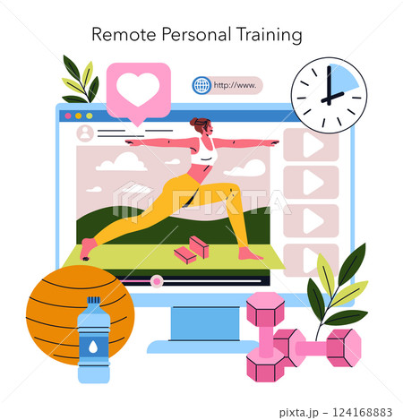 Remote personal training concept. Emphasizes digital fitness sessions conducted from home or any location with an instructor providing guidance through a screen. Incorporates equipment and workout Remote personal training concept. Emphasizes digital fitness sessions conducted from home or any location with an instructor providing guidance through a screen. Incorporates equipment and workout 124168883