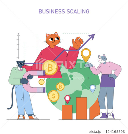 Business scaling illustration. Represents growth through innovative strategies and clever data management. Animals symbolize different roles in business development. Visual aspects include financial Business scaling illustration. Represents growth through innovative strategies and clever data management. Animals symbolize different roles in business development. Visual aspects include financial 124168898