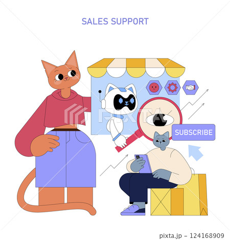 Sales support concept featuring a friendly cat character and a digital assistant. Visualizes customer interaction and effective communication in e-commerce. Engages audience with modern retail 124168909
