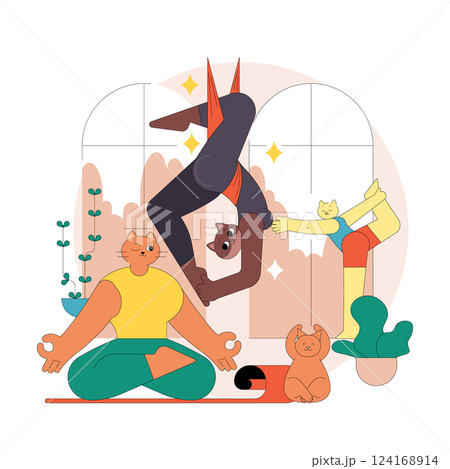Fitness illustration showcasing a diverse group practicing yoga in a bright, inviting space. Cats join the scene, adding a playful touch. Inspires relaxation, balance, and wellness in daily life Fitness illustration showcasing a diverse group practicing yoga in a bright, inviting space. Cats join the scene, adding a playful touch. Inspires relaxation, balance, and wellness in daily life 124168914