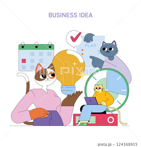 Business idea concept. Illustrates a creative workspace where characters brainstorm innovative strategies. Emphasizes planning, time management, and collaboration. Perfect for entrepreneurs looking Business idea concept. Illustrates a creative workspace where characters brainstorm innovative strategies. Emphasizes planning, time management, and collaboration. Perfect for entrepreneurs looking 124168915