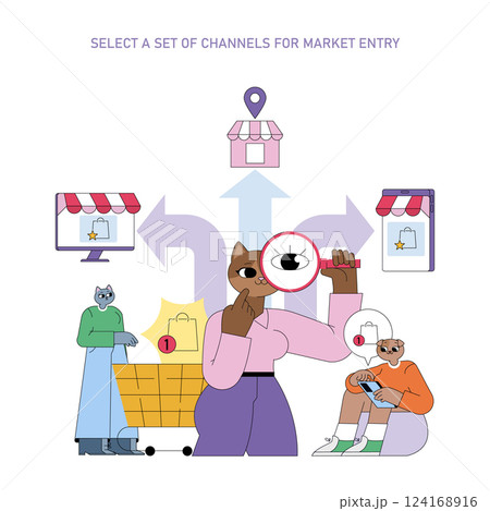 Marketing tools for selecting channels in market entry. Various characters illustrate the decision-making process, emphasizing effective strategies for digital and retail environments. Vector Marketing tools for selecting channels in market entry. Various characters illustrate the decision-making process, emphasizing effective strategies for digital and retail environments. Vector 124168916