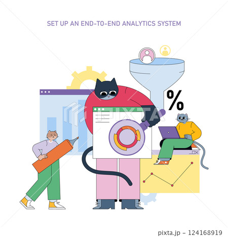 Marketing tools for analytics system development. The illustration features characters engaged in setting up an end-to-end analytics system, showcasing digital interaction and analysis. Vector Marketing tools for analytics system development. The illustration features characters engaged in setting up an end-to-end analytics system, showcasing digital interaction and analysis. Vector 124168919