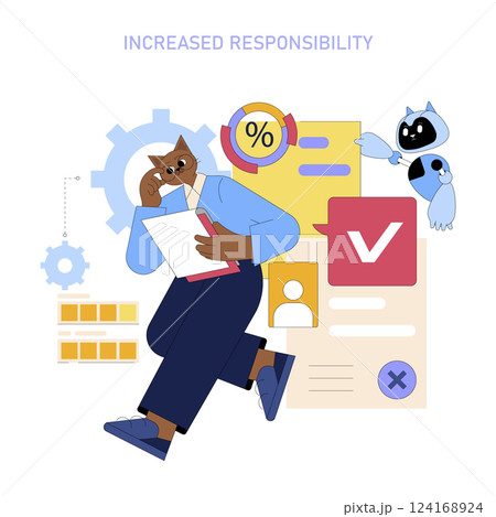 AI assistant enhances workplace productivity and responsibility. A character analyzes data while engaging with a chatbot, representing efficient task management and collaboration in modern work 124168924