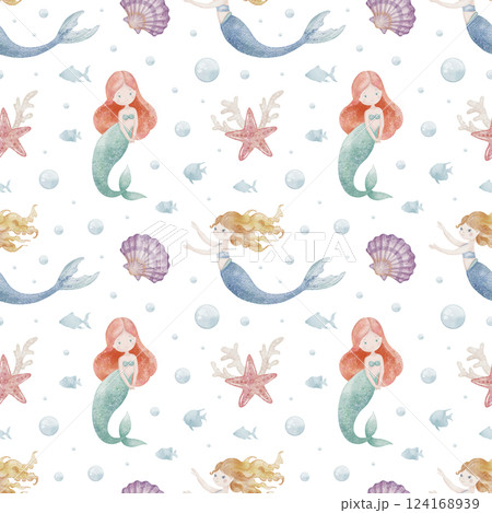 Seamless watercolor Mermaid pattern with seashells, coral, and fish. Illustration of nautical Background for childish wallpaper, kids textile design or baby wrapping paper. Ornament in pastel colors. 124168939