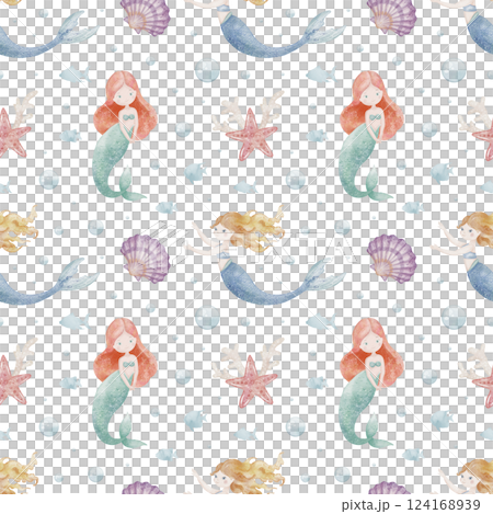 Seamless watercolor Mermaid pattern with seashells, coral, and fish. Illustration of nautical Background for childish wallpaper, kids textile design or baby wrapping paper. Ornament in pastel colors. 124168939