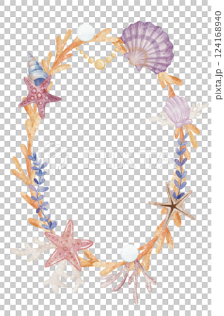 Watercolor Template with coral, shells, starfish, and pearls. Illustration of Wreath for baby invitations or childish greeting cards. Art of marine border for childish ocean projects. Watercolor Template with coral, shells, starfish, and pearls. Illustration of Wreath for baby invitations or childish greeting cards. Art of marine border for childish ocean projects. 124168940