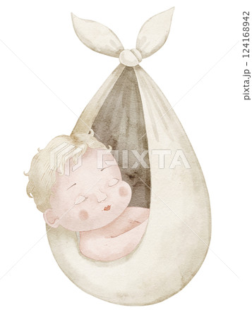 Watercolor illustration of a sleeping Baby wrapped in a soft swaddle. Art of cute Infant for baby shower invitations, nursery decor or newborn greeting card. Drawing for announcements in pastel colors 124168942