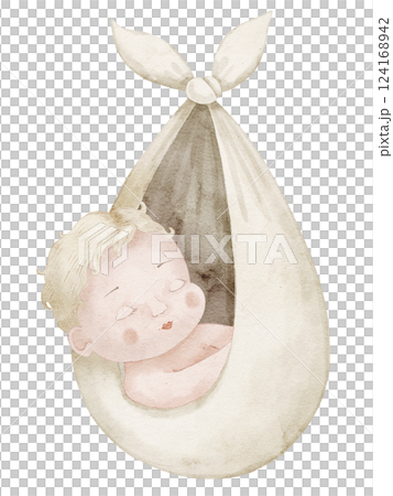 Watercolor illustration of a sleeping Baby wrapped in a soft swaddle. Art of cute Infant for baby shower invitations, nursery decor or newborn greeting card. Drawing for announcements in pastel colors 124168942