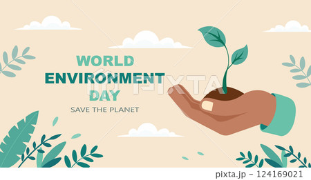 World Environment Day banner. Hand holding a growing plant symbolizing environmental protection. Illustration. 124169021