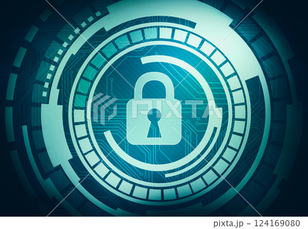 Abstract digital concept touch screen circle interface with internet data security and safety lock on circuit microchip background. For branding, graphic design, wallpaper. 124169080