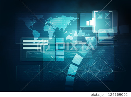 Abstract digital image technology interface concept witn circuit microchip background on metal plate 124169092