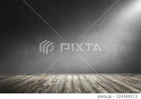 Interior room with dirty concrete cement wall and wooden plank floor. Underground showroom. 3d rendering illustration Interior room with dirty concrete cement wall and wooden plank floor. Underground showroom. 3d rendering illustration 124169111