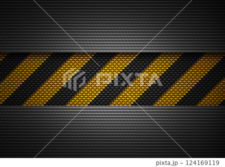 Abstract modern black carbon fiber textured material design with warning tape in center for background, wallpaper, graphic design 124169119