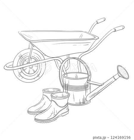 Garden wheelbarrow with an aluminum watering can and rubber boots. A vector line garden drawing. Ideal for gardening and farm-themed projects, seasonal decorations, coloring, spring and summer designs 124169156