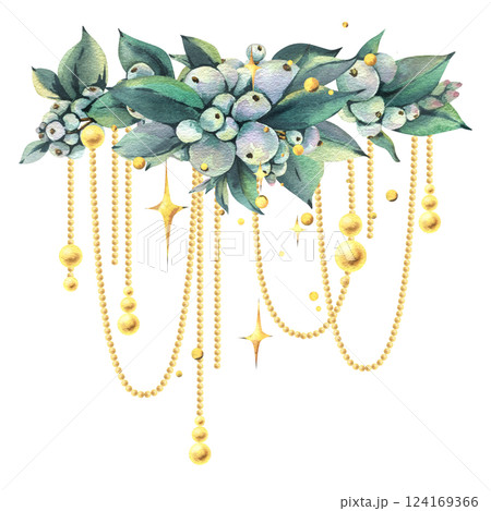 Golden beads hanging on snowberry branches with sparkling stars. New Year, Christmas watercolor illustration hand drawn. Composition, sublimation, arrangement isolated from background 124169366