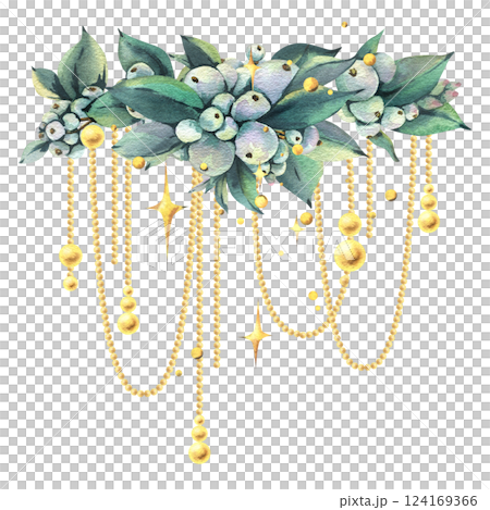 Golden beads hanging on snowberry branches with sparkling stars. New Year, Christmas watercolor illustration hand drawn. Composition, sublimation, arrangement isolated from background 124169366