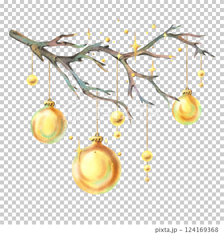 Golden glass Christmas tree balls hanging on a tree branch with twinkling stars. New Year, Christmas watercolor illustration, hand drawn. Composition, arrangement, sublimation isolated Golden glass Christmas tree balls hanging on a tree branch with twinkling stars. New Year, Christmas watercolor illustration, hand drawn. Composition, arrangement, sublimation isolated 124169368