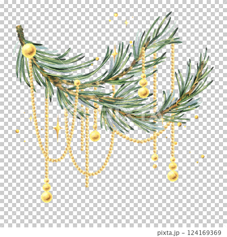 Golden beads hanging on a green pine branch with sparkling stars. New Year, Christmas watercolor illustration hand drawn. Composition, sublimation, arrangement isolated from the background Golden beads hanging on a green pine branch with sparkling stars. New Year, Christmas watercolor illustration hand drawn. Composition, sublimation, arrangement isolated from the background 124169369