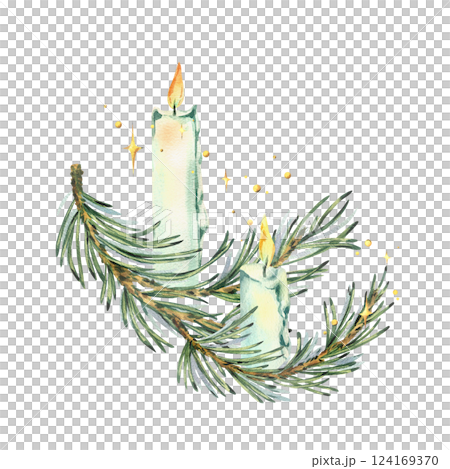 Burning white candles placed on pine branches with twinkling stars and lights. New Year, Christmas watercolor illustration, hand drawn. Composition, arrangement, sublimation isolated from background Burning white candles placed on pine branches with twinkling stars and lights. New Year, Christmas watercolor illustration, hand drawn. Composition, arrangement, sublimation isolated from background 124169370