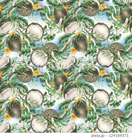 Coconuts whole, halves and pieces with bright, green, tropical palm leaves and yellow plumeria flowers. Hand drawn watercolor illustration. Seamless pattern, background 124169371