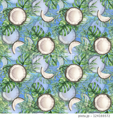 Coconuts whole, halves and pieces with bright, green, tropical palm leaves and yellow plumeria flowers. Hand drawn watercolor illustration. Seamless pattern on a blue sky background. Coconuts whole, halves and pieces with bright, green, tropical palm leaves and yellow plumeria flowers. Hand drawn watercolor illustration. Seamless pattern on a blue sky background. 124169372