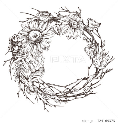 Autumn berries physalis, chokeberry, rowan leaves, maple, birch, mushrooms, rudbeckia flowers, tree branches. Graphic line art hand drawn with black ink. Round wreath, frame, template for text. Autumn berries physalis, chokeberry, rowan leaves, maple, birch, mushrooms, rudbeckia flowers, tree branches. Graphic line art hand drawn with black ink. Round wreath, frame, template for text. 124169373