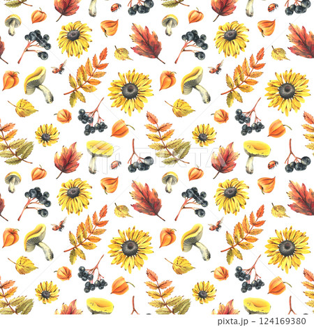 Autumn berries physalis, chokeberry, rowan leaves, maple, birch, russula mushrooms, rudbeckia flowers, tree branches and ladybugs. Watercolor illustrations. Seamless pattern on white background 124169380