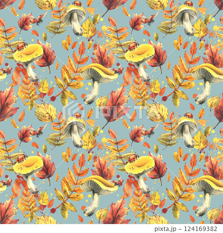 Autumn rowan leaves, maple, birch, russula mushrooms, tree branches and ladybugs. Watercolor illustrations. Seamless pattern on a blue background 124169382