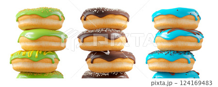 Assorted donuts with colorful icing, sprinkles, and chocolate isolated on white transparent background Assorted donuts with colorful icing, sprinkles, and chocolate isolated on white transparent background 124169483