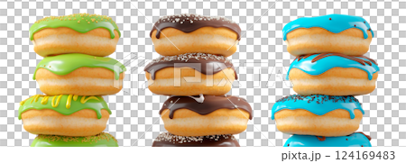 Assorted donuts with colorful icing, sprinkles, and chocolate isolated on white transparent background Assorted donuts with colorful icing, sprinkles, and chocolate isolated on white transparent background 124169483
