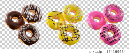 Assorted donuts with colorful icing, sprinkles, and chocolate isolated on white transparent background Assorted donuts with colorful icing, sprinkles, and chocolate isolated on white transparent background 124169484