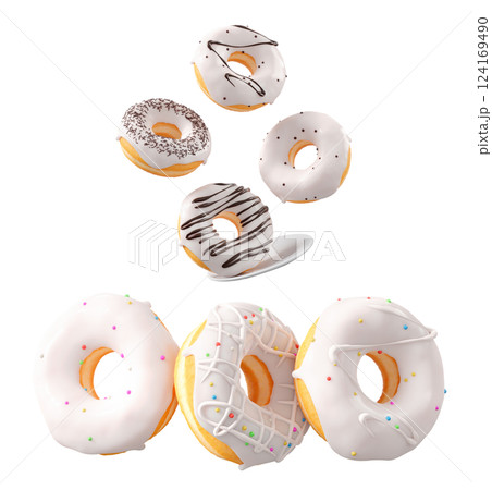Donuts with white chocolate glaze, sprinkles, white drizzle, and dots isolated on white transparent background Donuts with white chocolate glaze, sprinkles, white drizzle, and dots isolated on white transparent background 124169490
