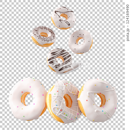 Donuts with white chocolate glaze, sprinkles, white drizzle, and dots isolated on white transparent background Donuts with white chocolate glaze, sprinkles, white drizzle, and dots isolated on white transparent background 124169490