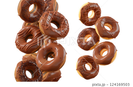 Donuts with chocolate glaze, sprinkles, white drizzle, and dots isolated on white transparent background Donuts with chocolate glaze, sprinkles, white drizzle, and dots isolated on white transparent background 124169503