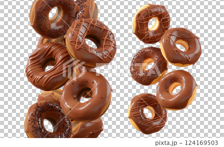 Donuts with chocolate glaze, sprinkles, white drizzle, and dots isolated on white transparent background Donuts with chocolate glaze, sprinkles, white drizzle, and dots isolated on white transparent background 124169503